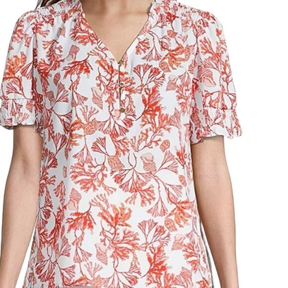 Liz Claiborne Coral Reef Women’s White Coral V Neck Short Sleeve Blouse sz PL - Picture 3 of 8